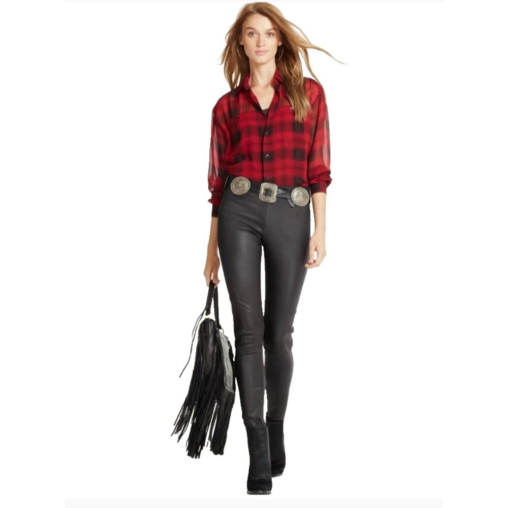 Polo Ralph Lauren Womens 10 Red Black Buffalo Plaid Silk Sheer Blouse Holiday